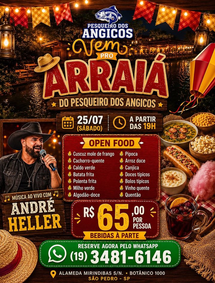 Arte do arraiá do pesqueiro com open food e música ao vivo